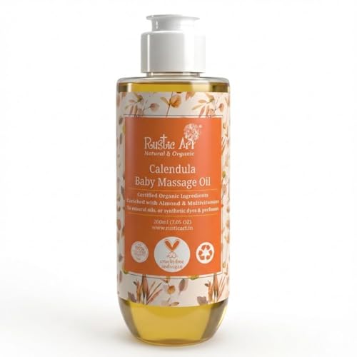 Rustic Art Organic Calendula Baby Massage Oil | New Born | Head to Toe | Almond, Seasame & Moringa Oil | Fragrance Free | 200 ml - Image 1