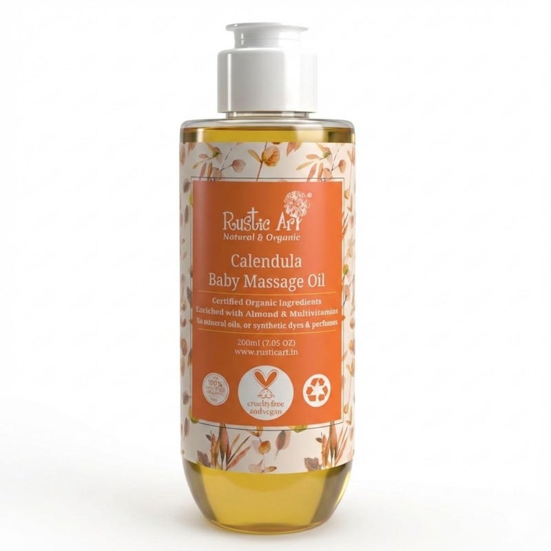 Rustic Art Organic Calendula Baby Massage Oil | New Born | Head to Toe | Almond, Seasame & Moringa Oil | Fragrance Free | 200 ml - Image 5