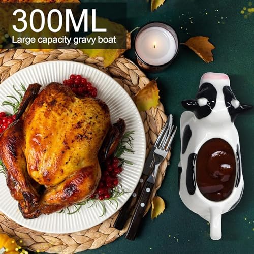 RAISLY Ceramic Gravy Boat, 11oz/300ml White Gravy Boat Milk Cow Sauce Jug with Smooth Handle - Perfect for Salad Dressing, Broth, Cream, Milk - Unique Artwork for Your Kitchen - Image 2