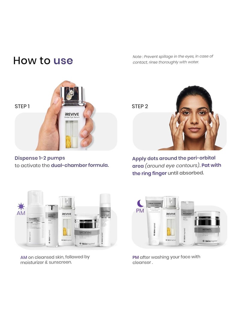 SkinInspired iREVIVE Dual Chamber Under Eye Serum | 15% Encapsulated Kojic Acid Miliglobules + Matrixyl 3000 | Dark Circle, Pigmentation, Puffiness & Fine Line | Brightening, Lifting & De-Puffing Eye Treatment | 24ml - Image 2