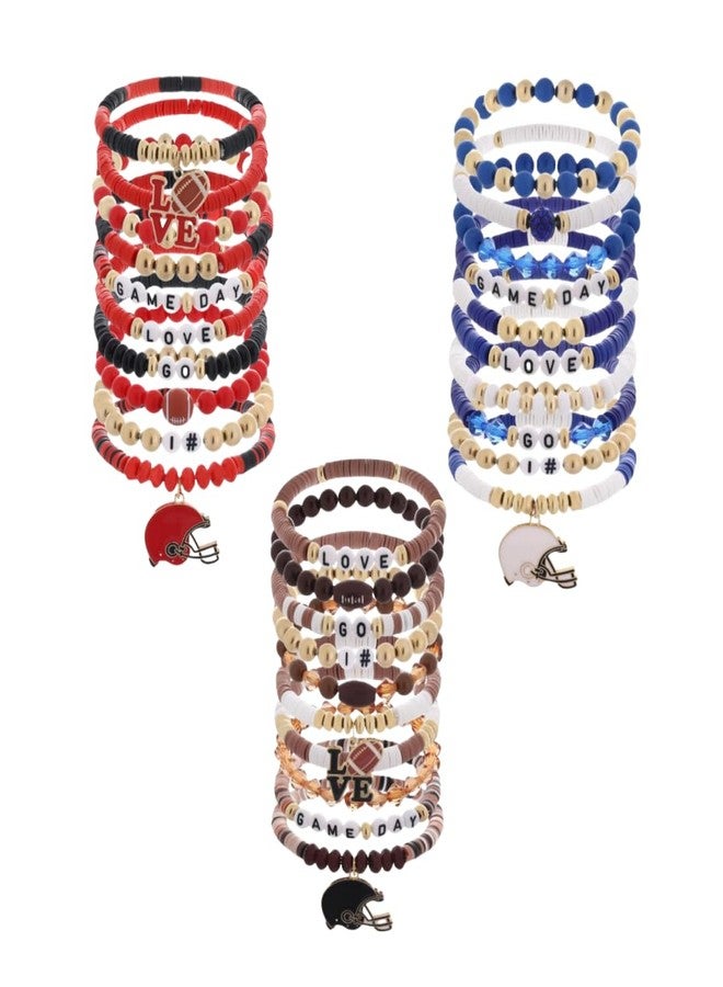 Blue Drop 10PCS Football Bracelets for Women Men Brown Beaded Polymer Clay Stackable Stretch Bracelets Set Game Day Sports Fan Outfits Accessories Friendship Jewelry - Image 2