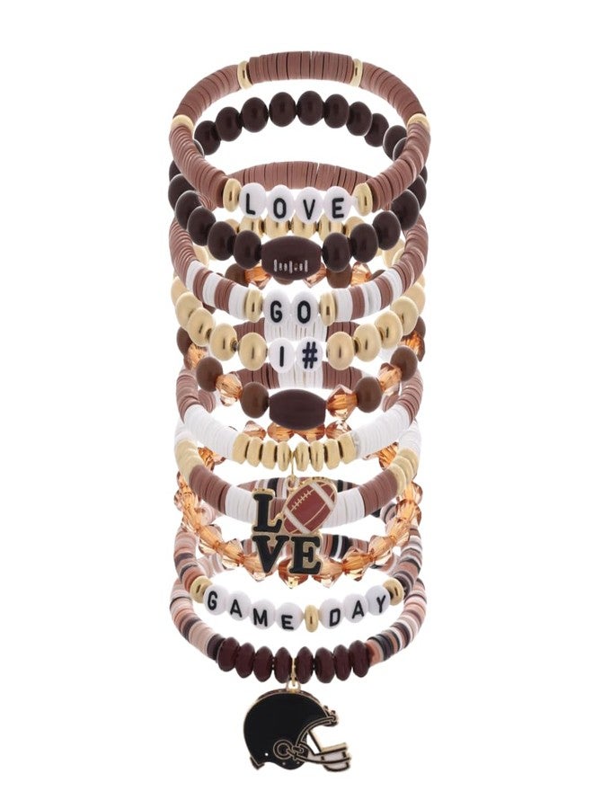 Blue Drop 10PCS Football Bracelets for Women Men Brown Beaded Polymer Clay Stackable Stretch Bracelets Set Game Day Sports Fan Outfits Accessories Friendship Jewelry - Image 1