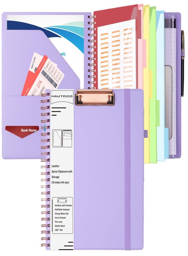 HAUTOCO Clipboard Folder with Storage Zip Bag, Spiral Clipboard Folio with Refillable Lined Notepad, 5 Folders Dividers with 10 Pockets, Leather Clip Board Portfolio for Office School, Lavender - Image 1