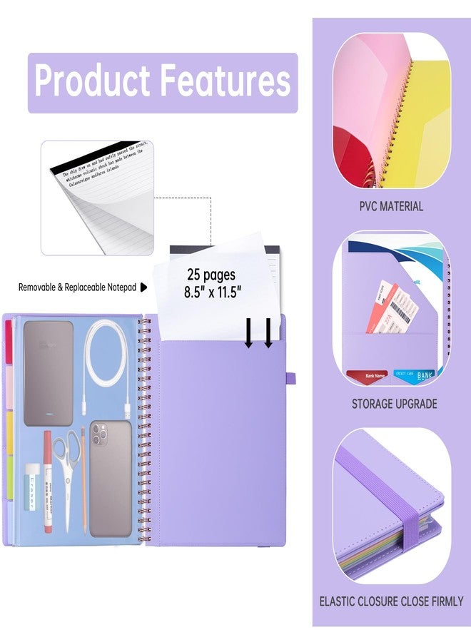 HAUTOCO Clipboard Folder with Storage Zip Bag, Spiral Clipboard Folio with Refillable Lined Notepad, 5 Folders Dividers with 10 Pockets, Leather Clip Board Portfolio for Office School, Lavender - Image 3