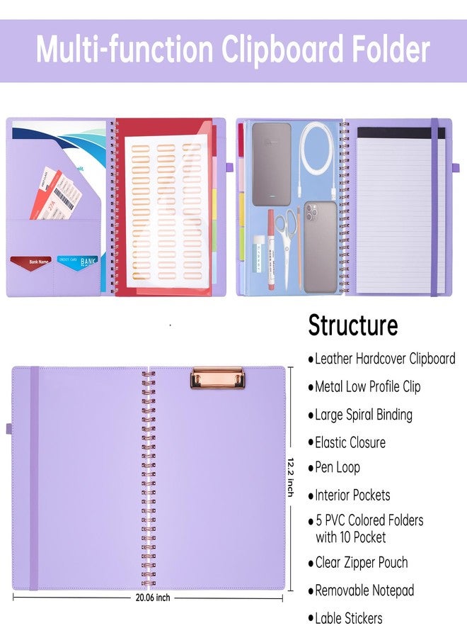 HAUTOCO Clipboard Folder with Storage Zip Bag, Spiral Clipboard Folio with Refillable Lined Notepad, 5 Folders Dividers with 10 Pockets, Leather Clip Board Portfolio for Office School, Lavender - Image 2
