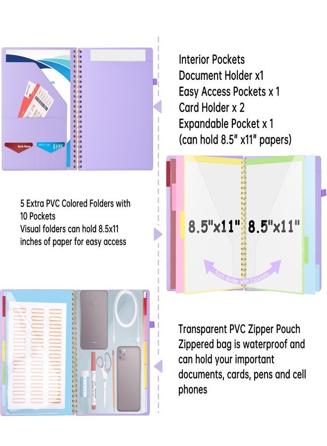 HAUTOCO Clipboard Folder with Storage Zip Bag, Spiral Clipboard Folio with Refillable Lined Notepad, 5 Folders Dividers with 10 Pockets, Leather Clip Board Portfolio for Office School, Lavender - Image 4