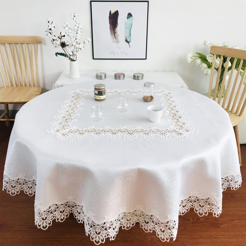 BrekSdat Lace Tablecloth for Round Dining Tables 70 White Peonies Lace Vintage for Holiday Party Wedding Fabric Washable Fabric for Banquet