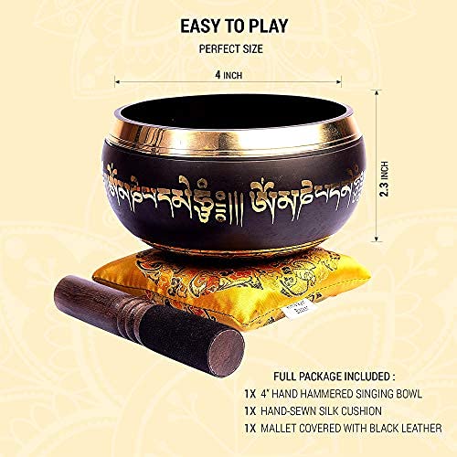 HIMALAYAN BAZAAR Tibetan Singing Bowl Set Bronze - Master Healing Grade - With Tibetan Thangka Art - Pure Tone By HIMALAYAN BAZAAR (Black & Yellow) - Image 3