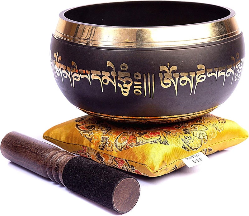 HIMALAYAN BAZAAR Tibetan Singing Bowl Set Bronze - Master Healing Grade - With Tibetan Thangka Art - Pure Tone By HIMALAYAN BAZAAR (Black & Yellow) - Image 1