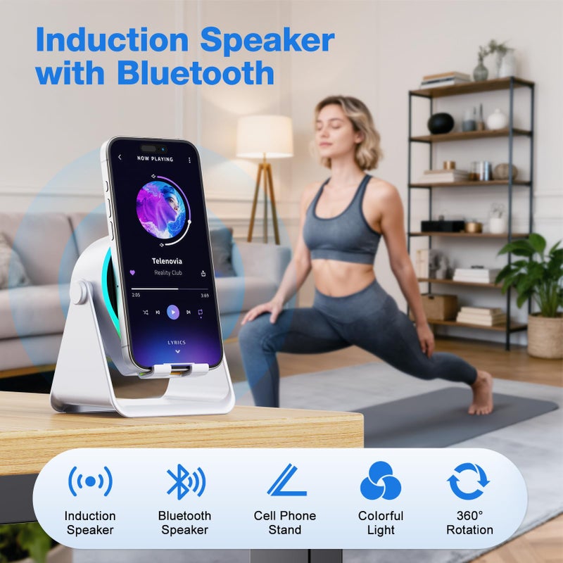 TARKARI Wireless Induction Speaker, 5 in 1 Bluetooth Speaker, 360Â° Rotation Cell Phone Stand with Ambient Light Compatible with iPhone iPad Android Tablet, Birthday Gifts for Women Men Him - Image 2