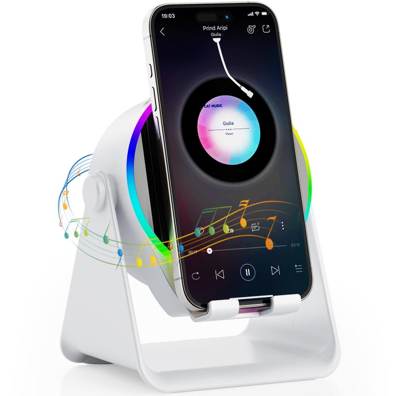TARKARI Wireless Induction Speaker, 5 in 1 Bluetooth Speaker, 360Â° Rotation Cell Phone Stand with Ambient Light Compatible with iPhone iPad Android Tablet, Birthday Gifts for Women Men Him - Image 1