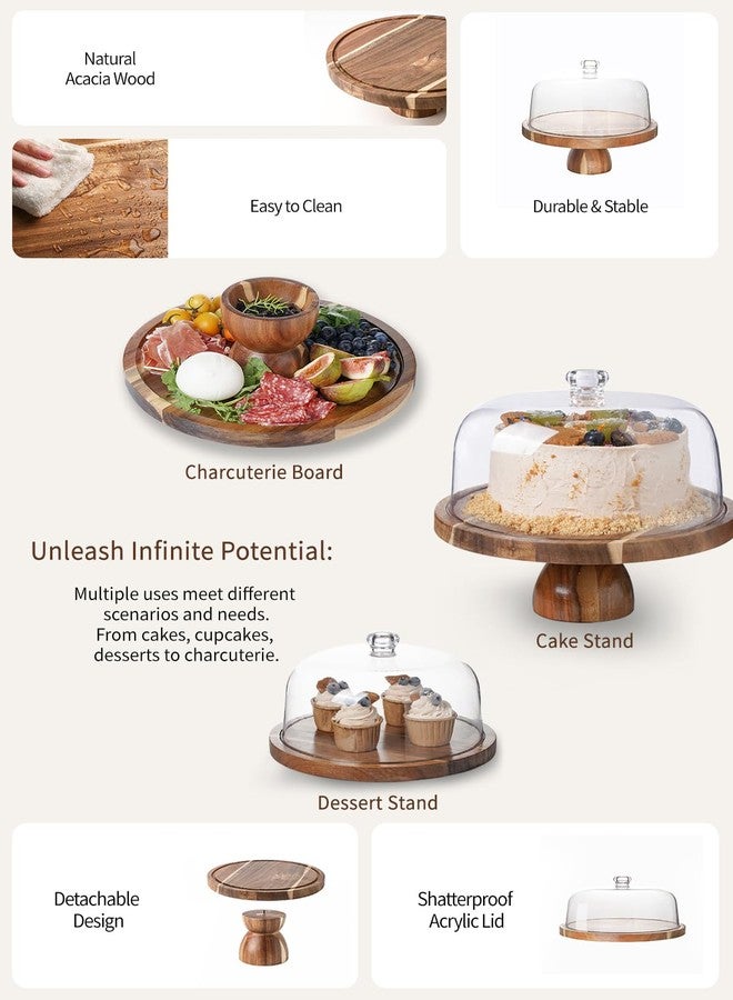 Kanwone Acacia Wood Cake Stand with Acrylic Lid - 12in Cake Plate, Multi-Functional Dessert Table Display Set, Charcuterie Board, Cake Holder with Dome, Detachable Design - Image 3