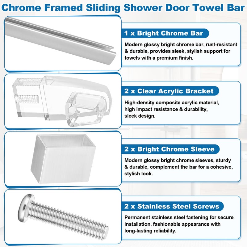 BigHead Glass Shower Door Towel Bar 30" Bright Chrome Compatible with Alumax Basco Sliding Shower Door Handle Replacement w/Silver Transparent Brackets Fits Framed Shower/Tub Enclosure Doors Up to 31" Wide - Image 3