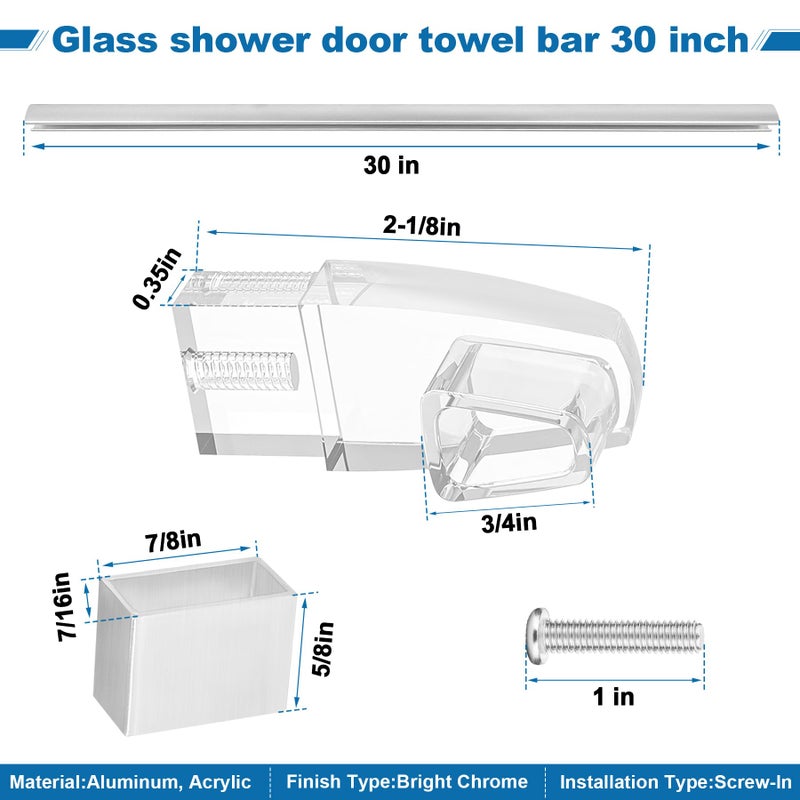 BigHead Glass Shower Door Towel Bar 30" Bright Chrome Compatible with Alumax Basco Sliding Shower Door Handle Replacement w/Silver Transparent Brackets Fits Framed Shower/Tub Enclosure Doors Up to 31" Wide - Image 2