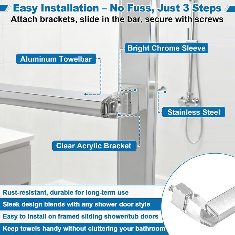 BigHead Glass Shower Door Towel Bar 30" Bright Chrome Compatible with Alumax Basco Sliding Shower Door Handle Replacement w/Silver Transparent Brackets Fits Framed Shower/Tub Enclosure Doors Up to 31" Wide - Image 5