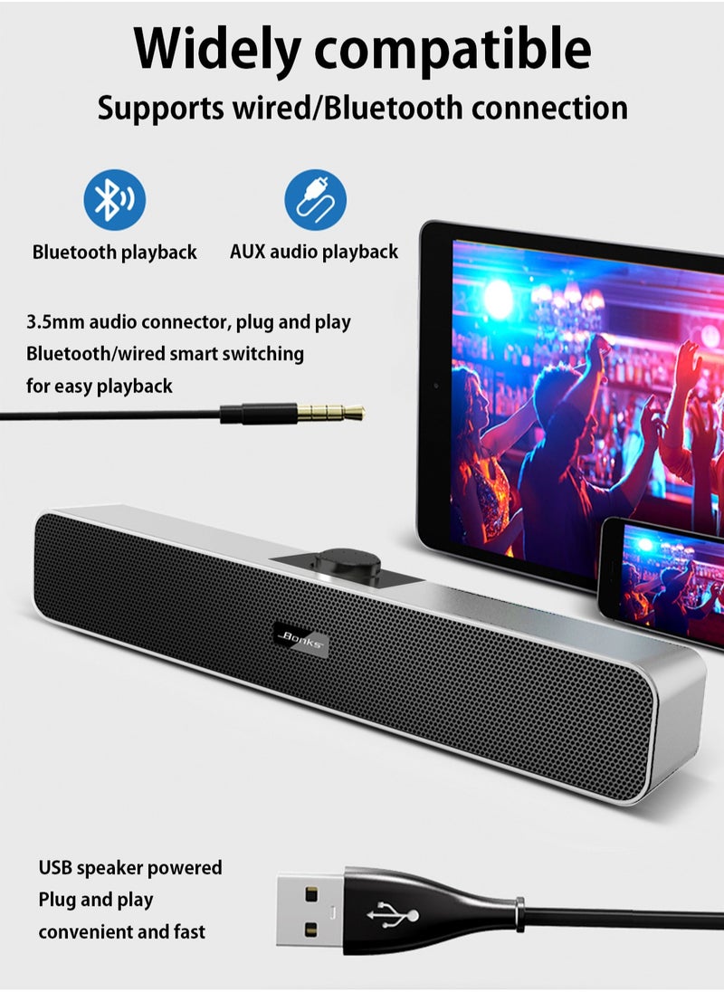 BONKS - （Bluetooth）Computer Speakers with 3.5 mm Aux, Small PC Speakers Powered by USB, Wired USB Desktop Speaker, USB Soundbar for Monitor, Mini Stereo Speaker for PC, Tablets, Laptop, Plug and Play - Image 1