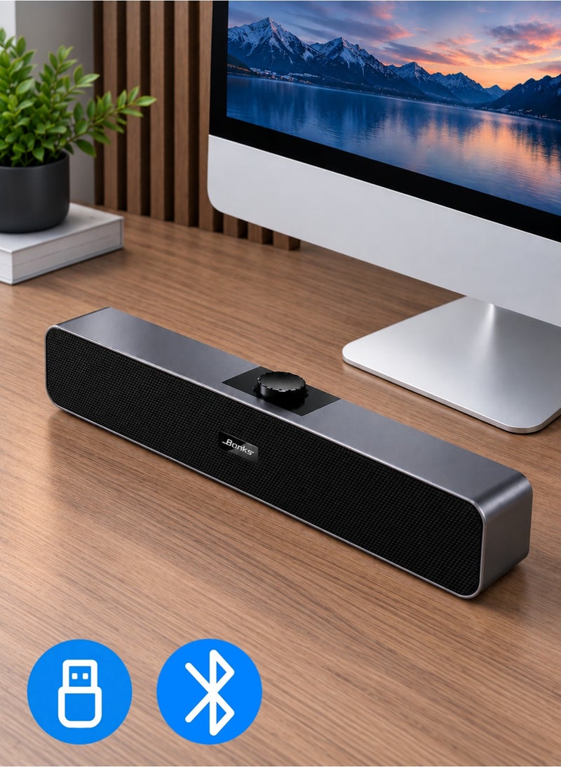 BONKS （Bluetooth）Computer Speakers with 3.5 mm Aux, Small PC Speakers Powered by USB, Wired USB Desktop Speaker, USB Soundbar for Monitor, Mini Stereo Speaker for PC, Tablets, Laptop, Plug and Play - Image 1