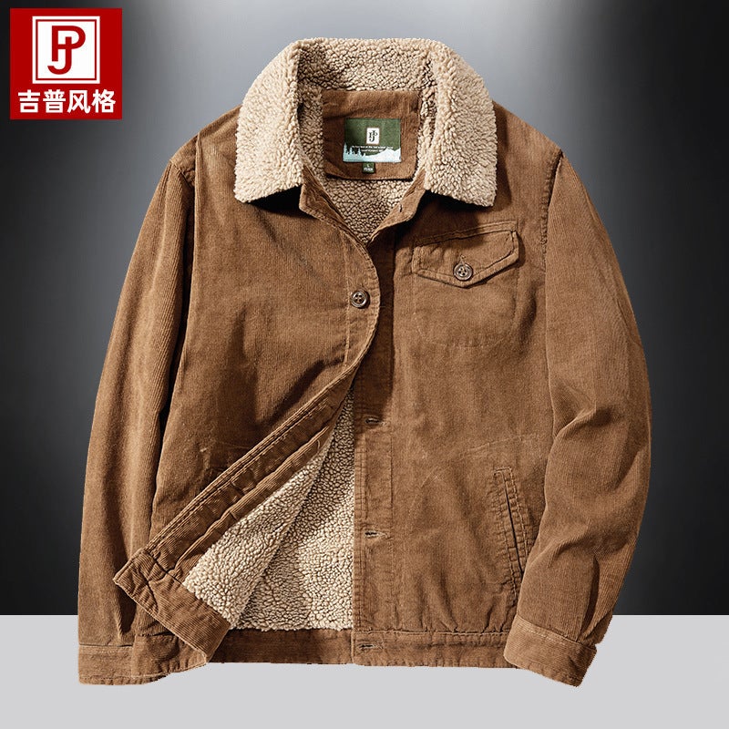 Mens Winter Thickened Fleece-Lined Lamb Wool Cropped Jacket Cotton-Padded Coat Bomber Jacket Casual Regular Parkas Coffee 1885 corduroy