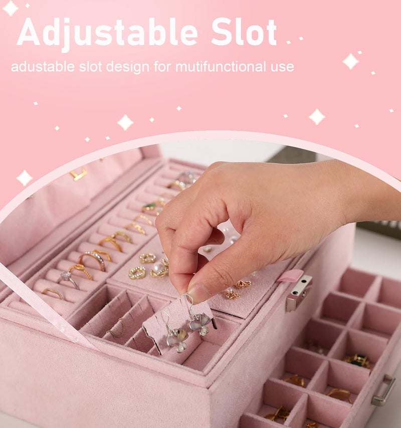 Vlando Jewellery Organisers Box Velvet Jewellery Box With Lock, 3 Layers Jewelry Earrings Organizer Box With Drawer Jewelry Display Holder Storage For Earrings Necklace Bracelets Rings Watches (Pink) - Image 4
