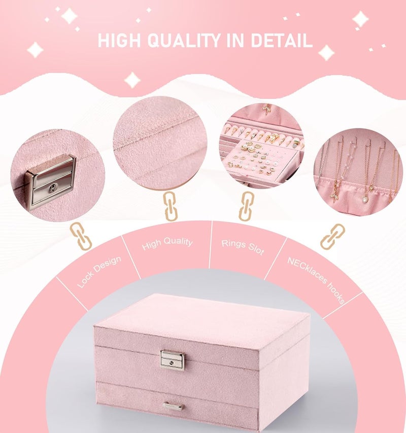 Vlando Jewellery Organisers Box Velvet Jewellery Box With Lock, 3 Layers Jewelry Earrings Organizer Box With Drawer Jewelry Display Holder Storage For Earrings Necklace Bracelets Rings Watches (Pink) - Image 3