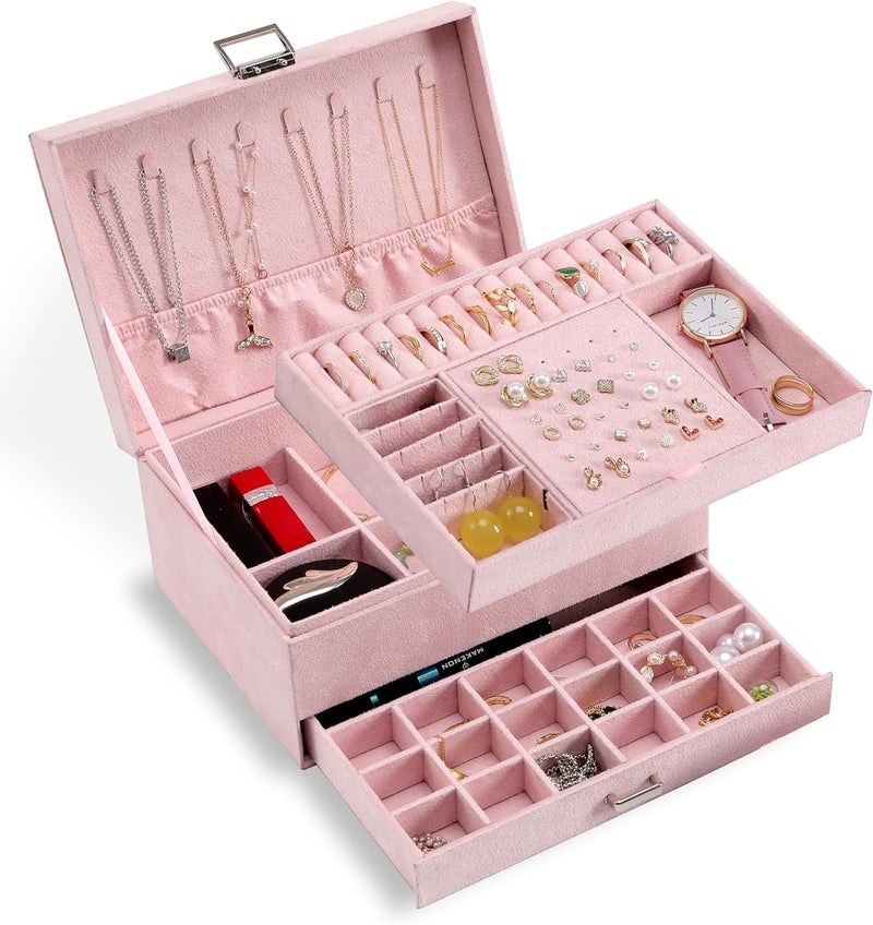 Vlando Jewellery Organisers Box Velvet Jewellery Box With Lock, 3 Layers Jewelry Earrings Organizer Box With Drawer Jewelry Display Holder Storage For Earrings Necklace Bracelets Rings Watches (Pink) - Image 1