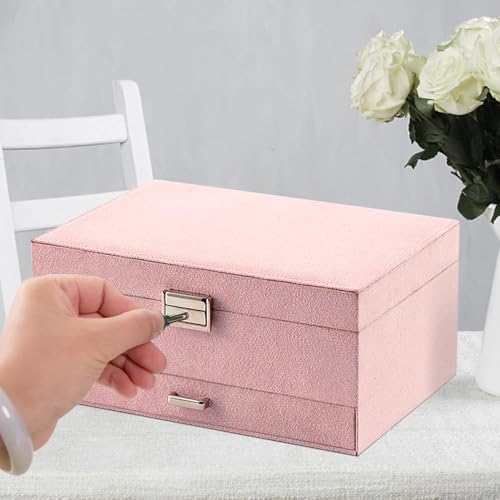 Vlando Jewellery Organisers Box Velvet Jewellery Box With Lock, 3 Layers Jewelry Earrings Organizer Box With Drawer Jewelry Display Holder Storage For Earrings Necklace Bracelets Rings Watches (Pink) - Image 5