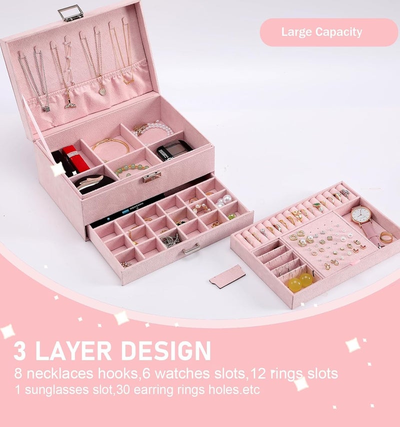 Vlando Jewellery Organisers Box Velvet Jewellery Box With Lock, 3 Layers Jewelry Earrings Organizer Box With Drawer Jewelry Display Holder Storage For Earrings Necklace Bracelets Rings Watches (Pink) - Image 2