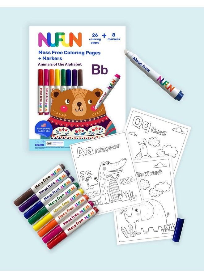 NuFun Activities Mess Free Coloring Set Animals Of The Alphabet Kids Create No Mess Wonders With Special Coloring Paper Gift For Toddlers And Kids 26 Preprinted Pages And 8 Markers  - Image 3