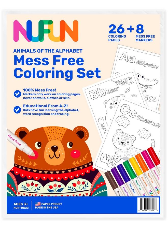 NuFun Activities Mess Free Coloring Set Animals Of The Alphabet Kids Create No Mess Wonders With Special Coloring Paper Gift For Toddlers And Kids 26 Preprinted Pages And 8 Markers  - Image 2