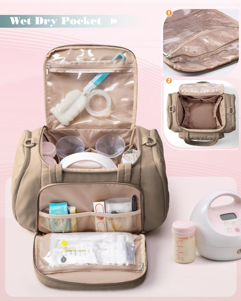 Marscamd Quilted Breast Pump Bag Compatible with Spectra S1 and S2, Pumping Bag with Cooler Compartment and a Drying Mat, Camel - Image 3