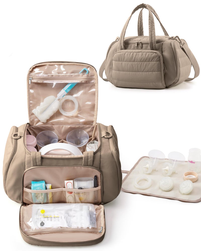 Marscamd Quilted Breast Pump Bag Compatible with Spectra S1 and S2, Pumping Bag with Cooler Compartment and a Drying Mat, Camel - Image 1