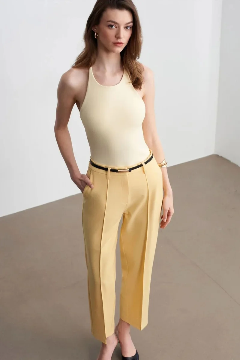 Dilvin Lemon Yellow DILVIN Slim Fit Halterneck Jersey Blouse for Women | Best Price UAE