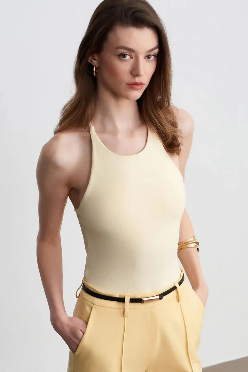 Dilvin Lemon Yellow DILVIN Slim Fit Halterneck Jersey Blouse for Women | Best Price UAE