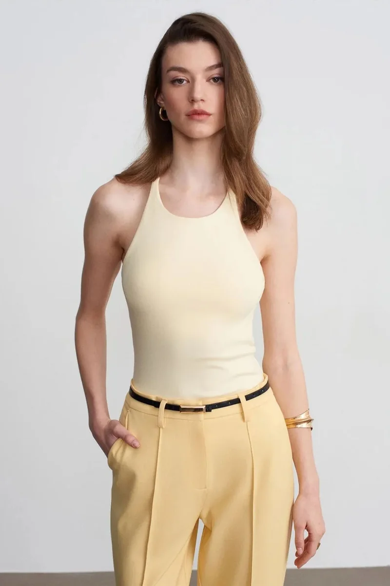 Dilvin Lemon Yellow DILVIN Slim Fit Halterneck Jersey Blouse for Women | Best Price UAE