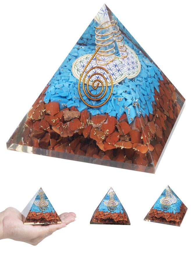 Crocon Red Jasper & Tourqoise Orgone Pyramid Flower of Life Symbol feng Shui Chakra Balancing Reiki Healing Spiritual Good Luck Gift Paperweight Home Decor Size: 2.5 Inch - Image 1