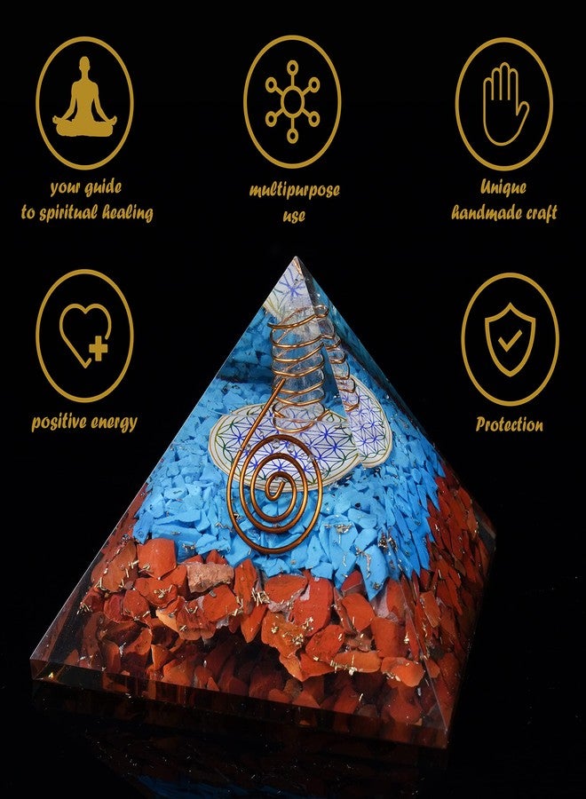 Crocon Red Jasper & Tourqoise Orgone Pyramid Flower of Life Symbol feng Shui Chakra Balancing Reiki Healing Spiritual Good Luck Gift Paperweight Home Decor Size: 2.5 Inch - Image 5