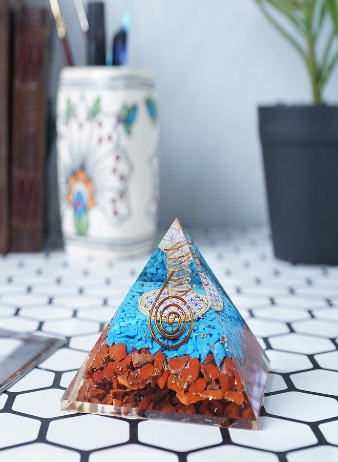 Crocon Red Jasper & Tourqoise Orgone Pyramid Flower of Life Symbol feng Shui Chakra Balancing Reiki Healing Spiritual Good Luck Gift Paperweight Home Decor Size: 2.5 Inch - Image 3