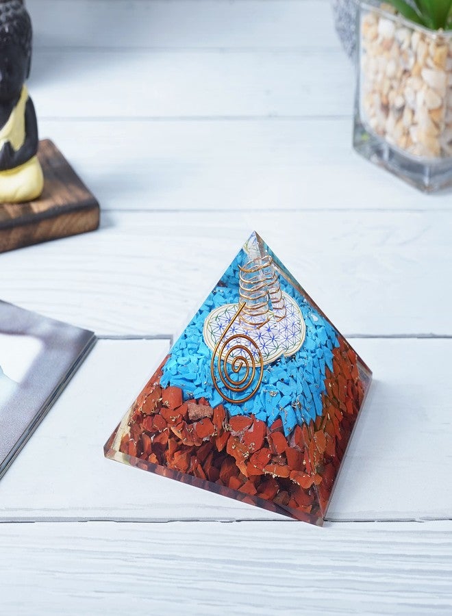 Crocon Red Jasper & Tourqoise Orgone Pyramid Flower of Life Symbol feng Shui Chakra Balancing Reiki Healing Spiritual Good Luck Gift Paperweight Home Decor Size: 2.5 Inch - Image 4