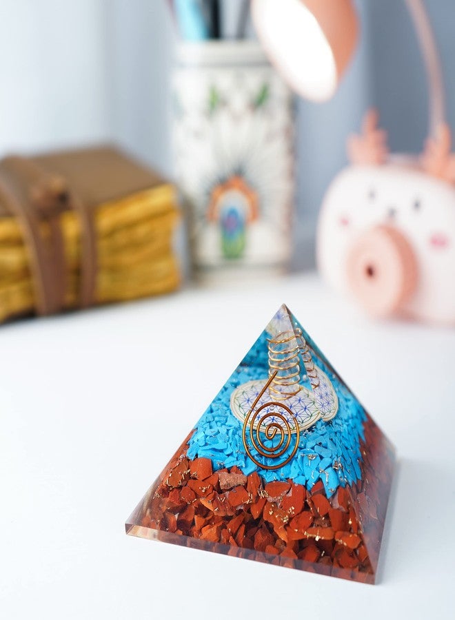 Crocon Red Jasper & Tourqoise Orgone Pyramid Flower of Life Symbol feng Shui Chakra Balancing Reiki Healing Spiritual Good Luck Gift Paperweight Home Decor Size: 2.5 Inch - Image 2
