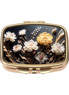 Dynippy Dynippy Pill Case Pill Box with Mirror Retro Pocket 2 Compartment Medicine Case Vitamin Pill Organizer for Pocket Purse and Travel (Gold- Flower 1) 