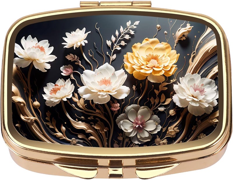 Dynippy Pill Case Pill Box with Mirror Retro Pocket 2 Compartment Medicine Case Vitamin Pill Organizer for Pocket Purse and Travel (Gold- Flower 1)