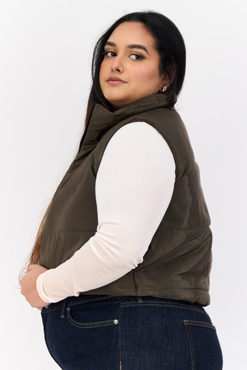 I SAW IT FIRST Women Quilted Puffer Jacket Vest, Dark Olive - Image 3
