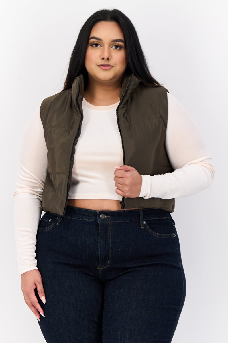 I SAW IT FIRST Women Quilted Puffer Jacket Vest, Dark Olive - Image 1