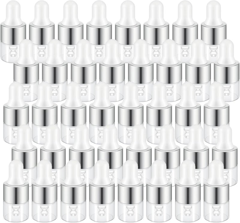 Sample Dropper Bottles, Mini Dropper Bottles with 2 Pcs Plastic Droppers for Traveling Essential Oils DIY Cosmetic Liquid Sample Perfume, Silver, 1ML-50PCS