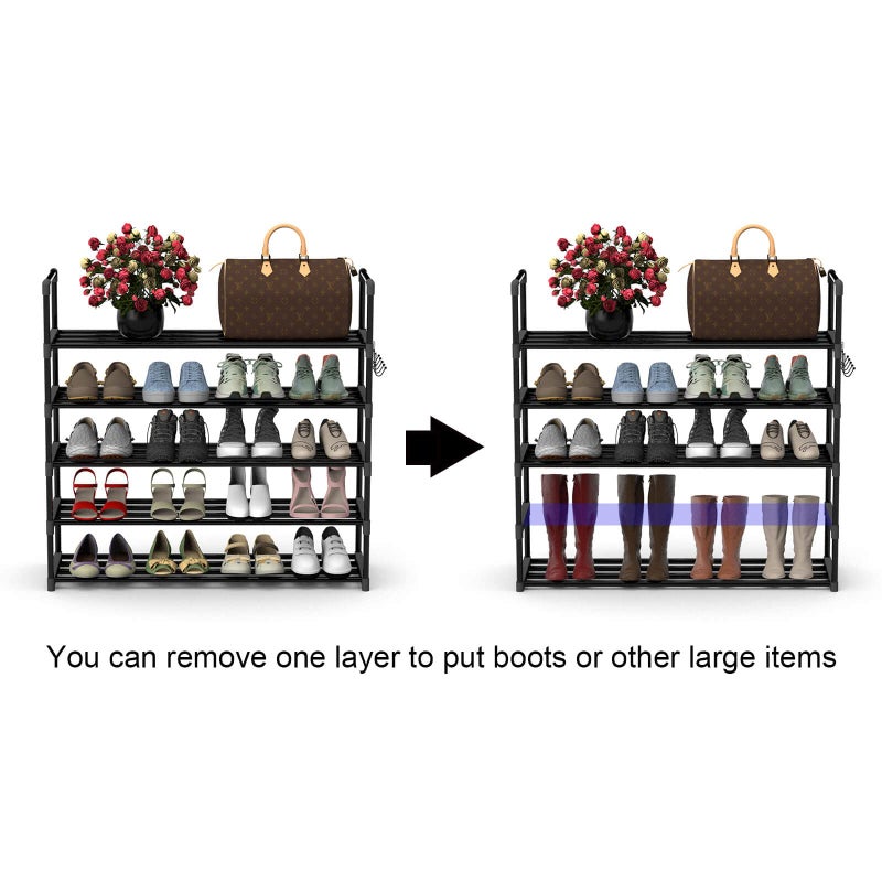 Hsscblet 5 Tiers Metal Shoe Rack,Adjustable Shoe Shelf Storage Organizer with Hooks,Stackable Boot & Shoe Storage,for Entryway,Hallway,Closet,Black - Image 4