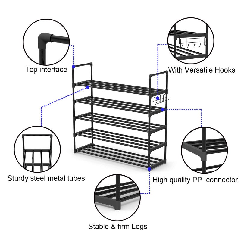 Hsscblet 5 Tiers Metal Shoe Rack,Adjustable Shoe Shelf Storage Organizer with Hooks,Stackable Boot & Shoe Storage,for Entryway,Hallway,Closet,Black - Image 5