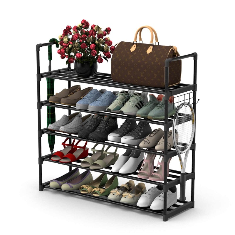 Hsscblet 5 Tiers Metal Shoe Rack,Adjustable Shoe Shelf Storage Organizer with Hooks,Stackable Boot & Shoe Storage,for Entryway,Hallway,Closet,Black - Image 1