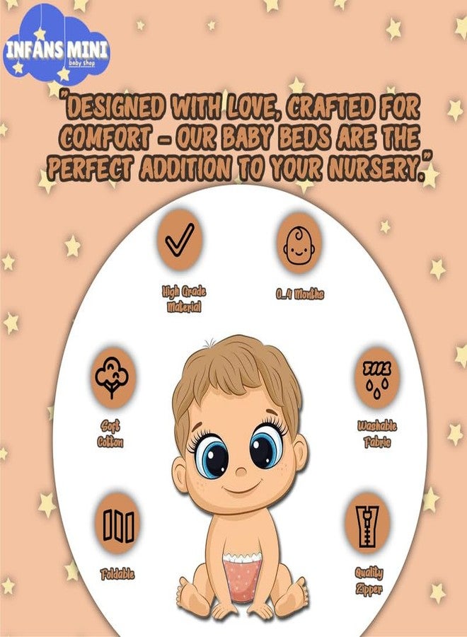 Infans Mini طقم مفروشات أطفال حديثي الولادة من إنفانز ميني، قطن فاخر | سرير محمول للأطفال | سرير مزود بناموسية | سرير نوم للأطفال من عمر 0-4 أشهر (ميني) | طقم مفروشات محمول للجنسين مكون من 3 قطع | (لون برتقالي ميلكي ستار) - Image 3