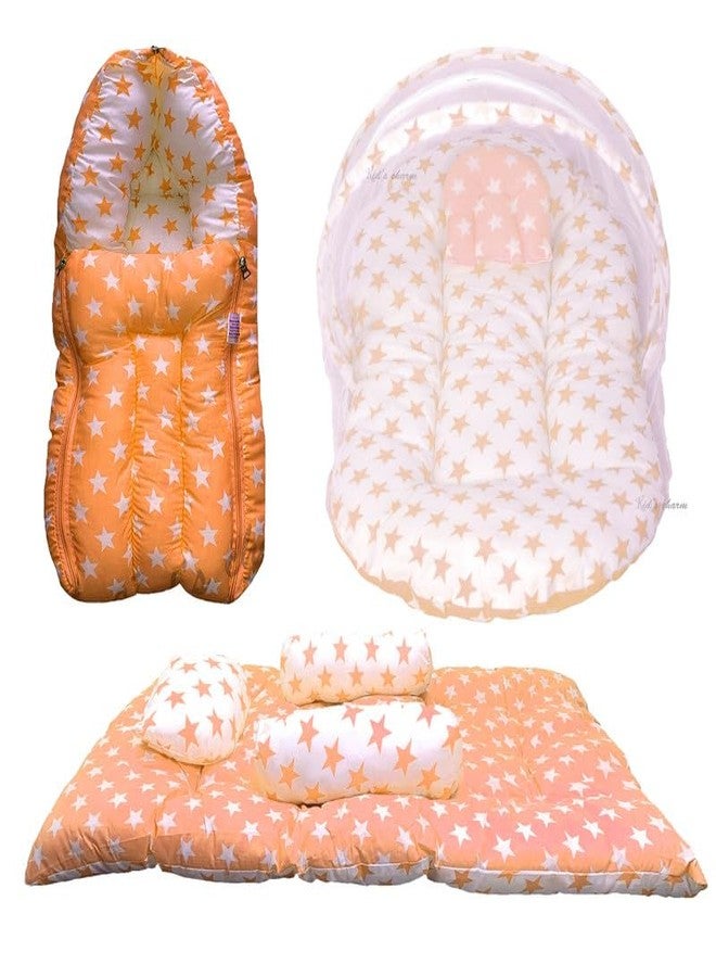 Infans Mini طقم مفروشات أطفال حديثي الولادة من إنفانز ميني، قطن فاخر | سرير محمول للأطفال | سرير مزود بناموسية | سرير نوم للأطفال من عمر 0-4 أشهر (ميني) | طقم مفروشات محمول للجنسين مكون من 3 قطع | (لون برتقالي ميلكي ستار) - Image 1