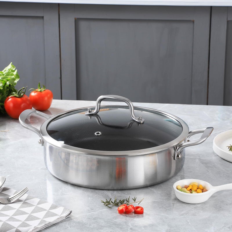 Yeksum Tri-Ply Stainless Steel 7 Quarts Saute Pan, 12 Inch Nonstick Skillet with lids, Fast even Heat cookware, Hybird Large Frying Pan, 18/10 Chef's Cooking Pan, Induction Pan, Dishwasher and Oven Safe - Image 5